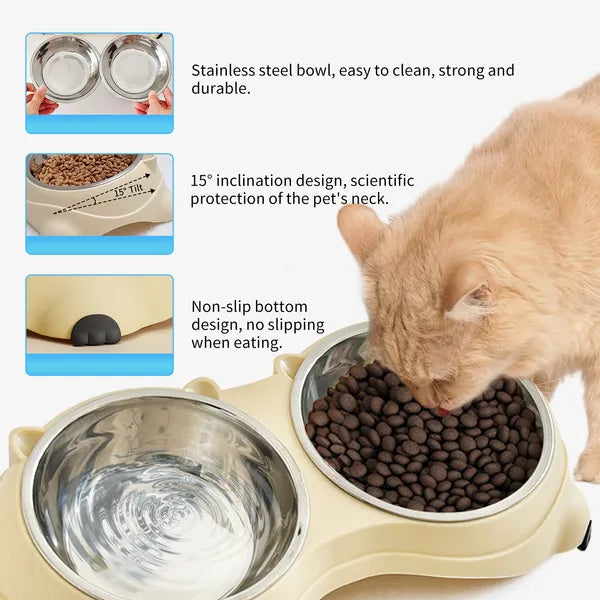 Yellow double stainless steel pet bowl set with non-slip base, shown from above highlighting both food and water bowls