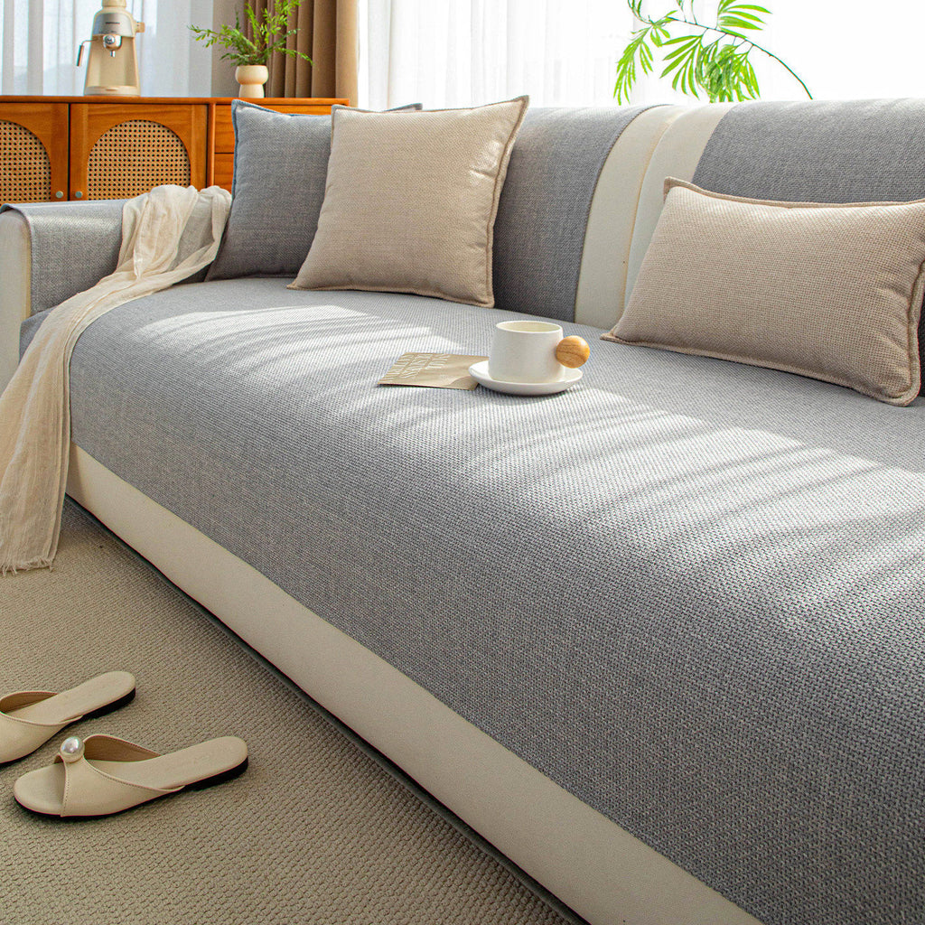 Close-up of a Japanese-style faux cotton-linen sofa cushion cover with a textured woven finish in a neutral tone
