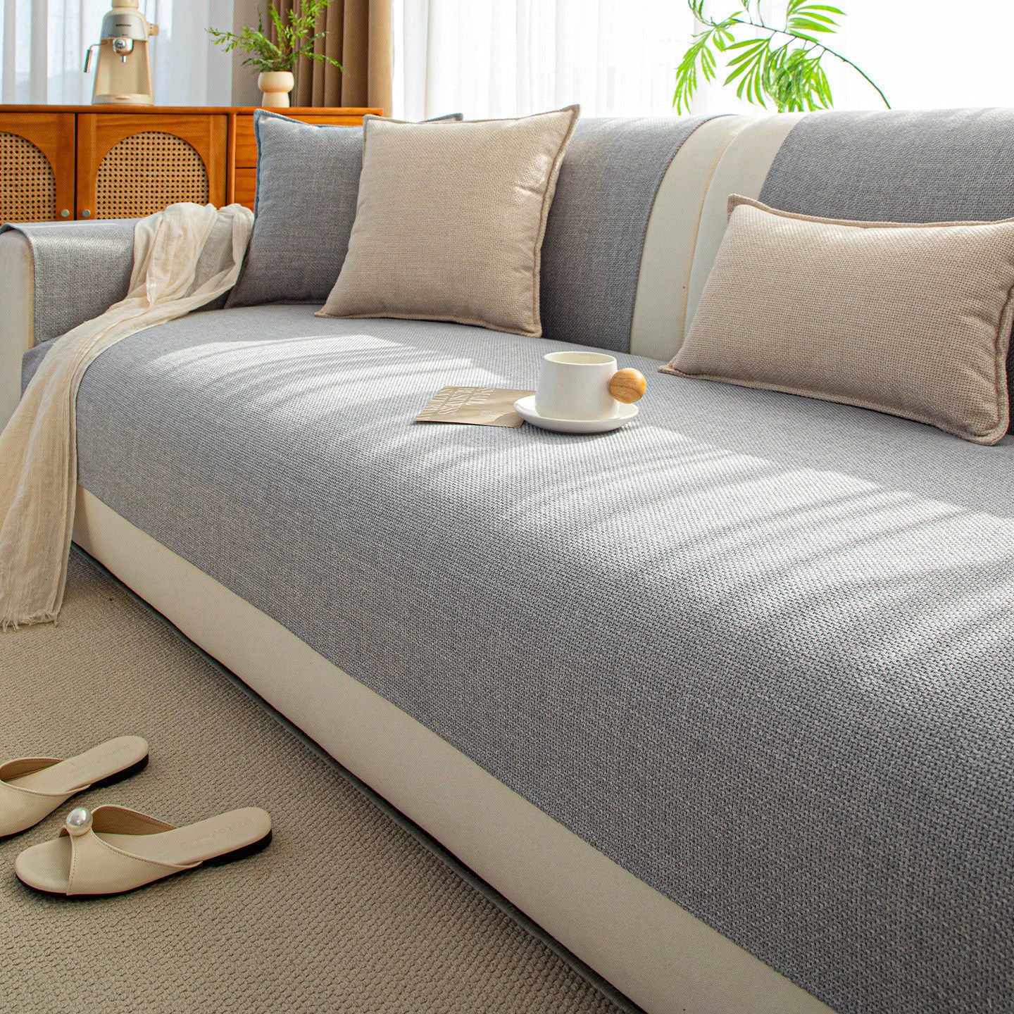 Close-up of a Japanese-style faux cotton-linen sofa cushion cover with a textured woven finish in a neutral tone