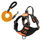 Gray reflective dog vest harness with attached chest-strap leash, shown laid flat to display breathable mesh fabric