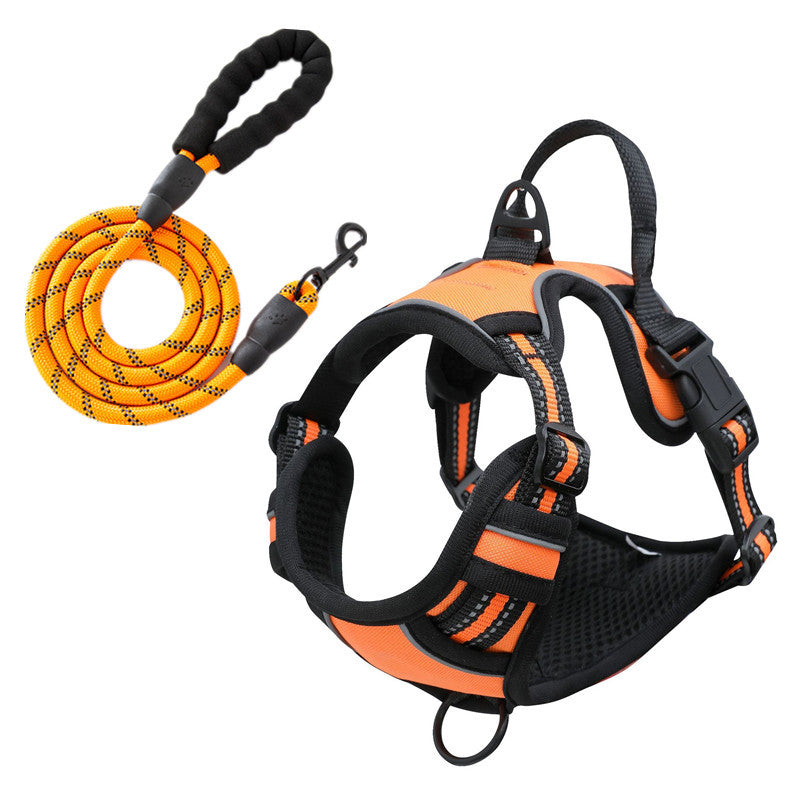Gray reflective dog vest harness with attached chest-strap leash, shown laid flat to display breathable mesh fabric