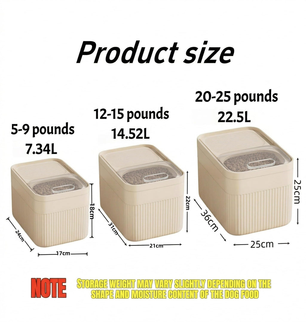 Gray airtight pet food storage container shown with included measuring cup on a clean white background