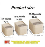 Gray airtight pet food storage container shown with included measuring cup on a clean white background