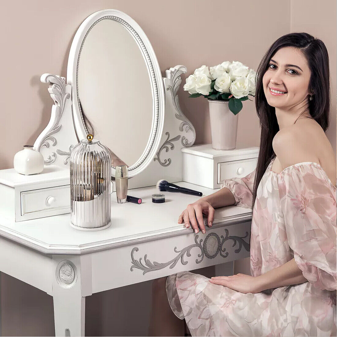 Clear acrylic 360 rotating makeup brush holder with lid open, showing organized compartments for brushes and beauty tools on 