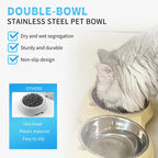 Double stainless steel pet bowl set with yellow non-slip base, shown from a side angle highlighting the raised stand