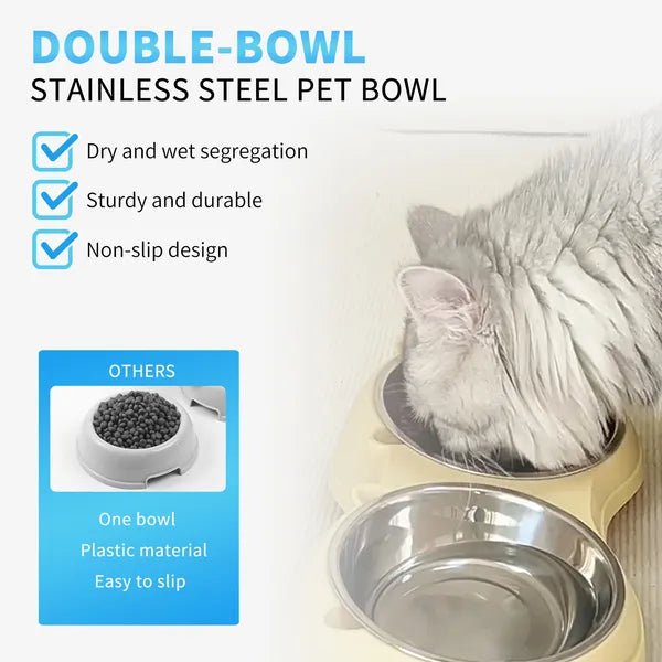 Double stainless steel pet bowl set with yellow non-slip base, shown from a side angle highlighting the raised stand