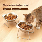 Stainless steel elevated pet bowl with raised stand, suitable for dogs and cats, shown on a clean white background