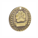 Round silver engraved pet ID tag with custom text, shown close up on a white background