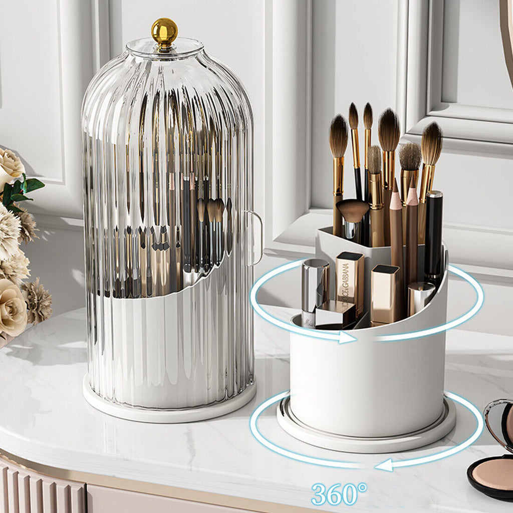 Clear acrylic 360 rotating makeup brush holder with lid open, showing organized compartments for brushes and beauty tools on 