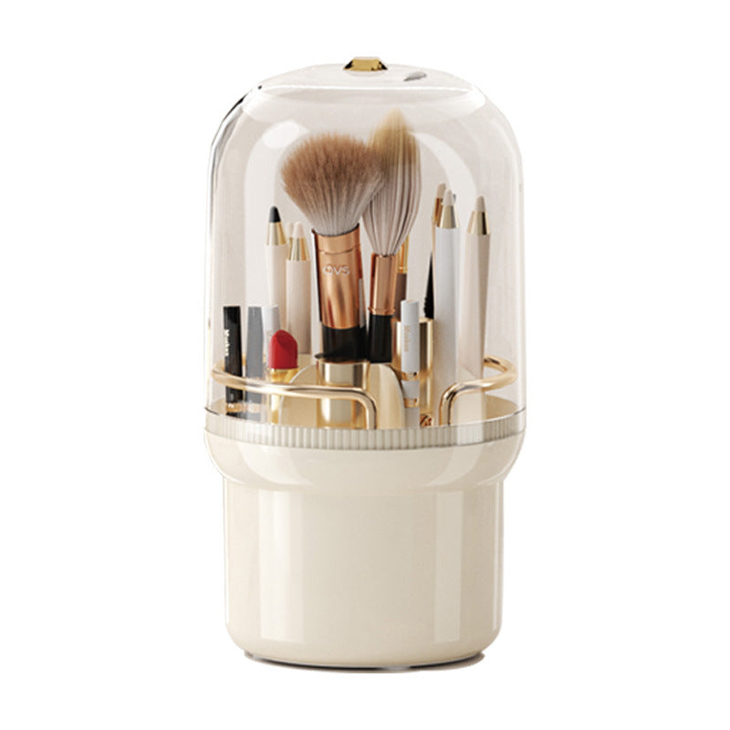 Clear rotating makeup brush holder with dustproof lid, showing organized brushes stored upright in the 1L cylindrical contain