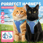 Adjustable step-in cat harness and leash set shown laid flat, displaying buckle closures and lightweight mesh construction
