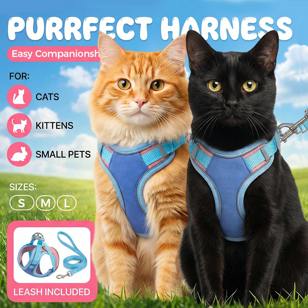 Adjustable step-in cat harness and leash set shown laid flat, displaying buckle closures and lightweight mesh construction