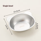 Stainless steel elevated pet bowl on a raised stand, suitable for dogs and cats, shown from a side angle