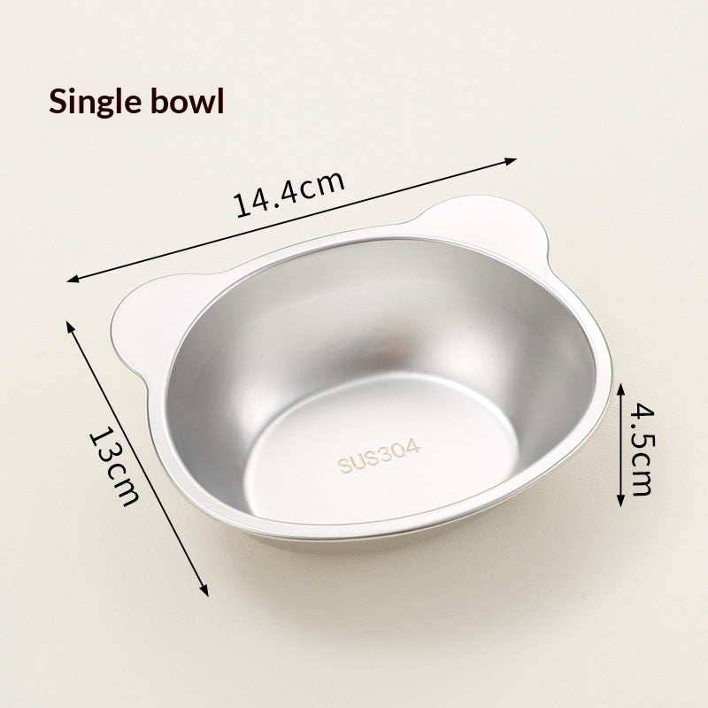 Stainless steel elevated pet bowl on a raised stand, suitable for dogs and cats, shown from a side angle