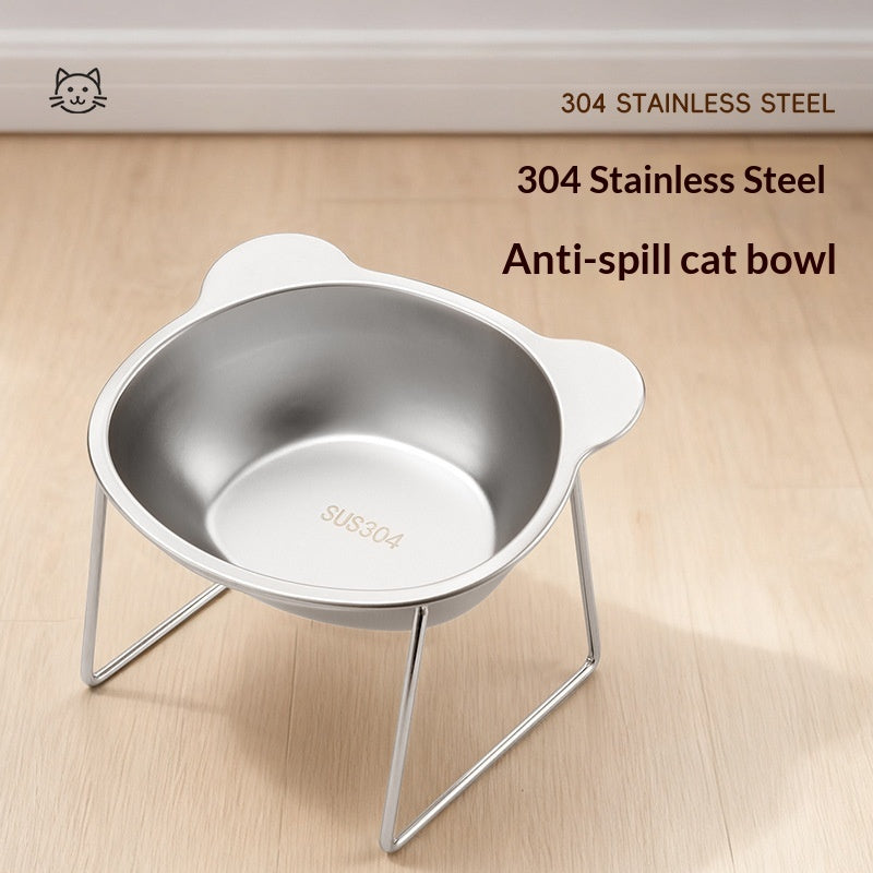 Stainless steel elevated pet bowl with raised stand, suitable for dogs and cats, shown from a side angle