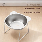 Stainless steel elevated pet bowl with raised stand, suitable for dogs and cats, shown from a side angle