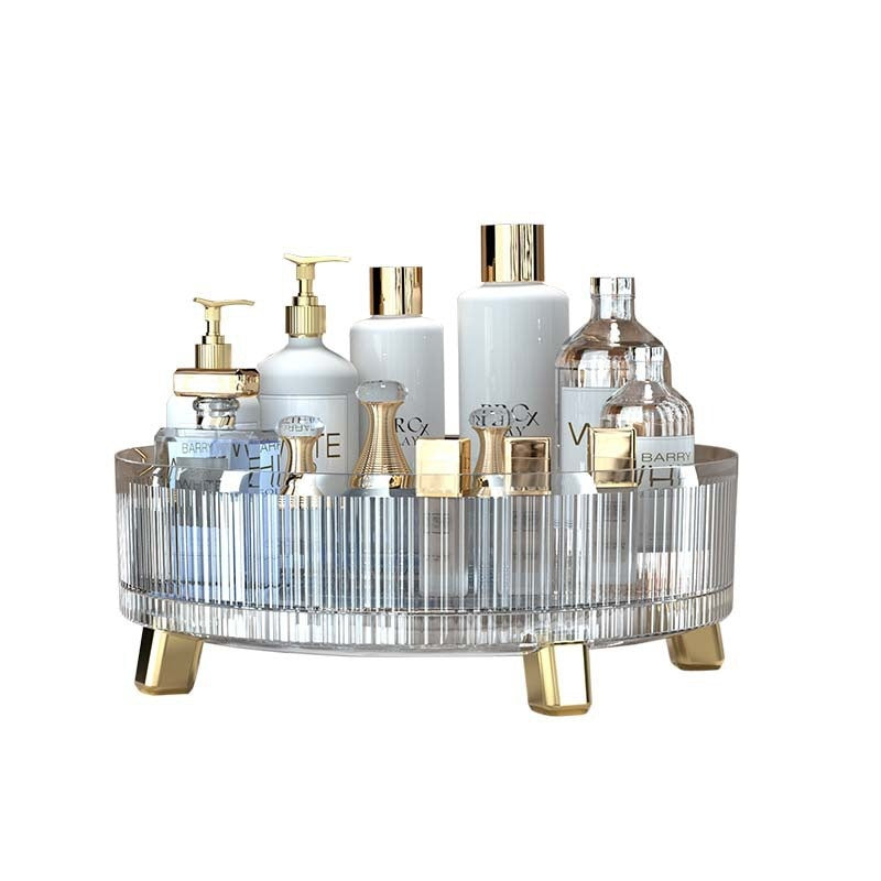 Clear rotating desktop organizer with multiple compartments for storing stationery, cosmetics, and small accessories