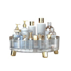 Clear rotating desktop organizer with multiple compartments for storing stationery, cosmetics, and small accessories