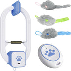 Rechargeable electric cat teaser toy clipped to a door frame with remote control nearby