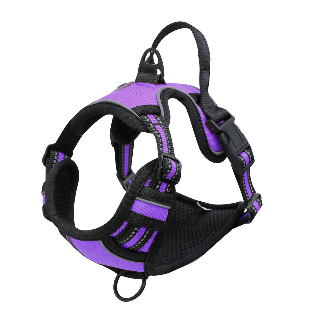 Gray reflective dog vest harness with attached chest-strap leash, shown from the side on a white background