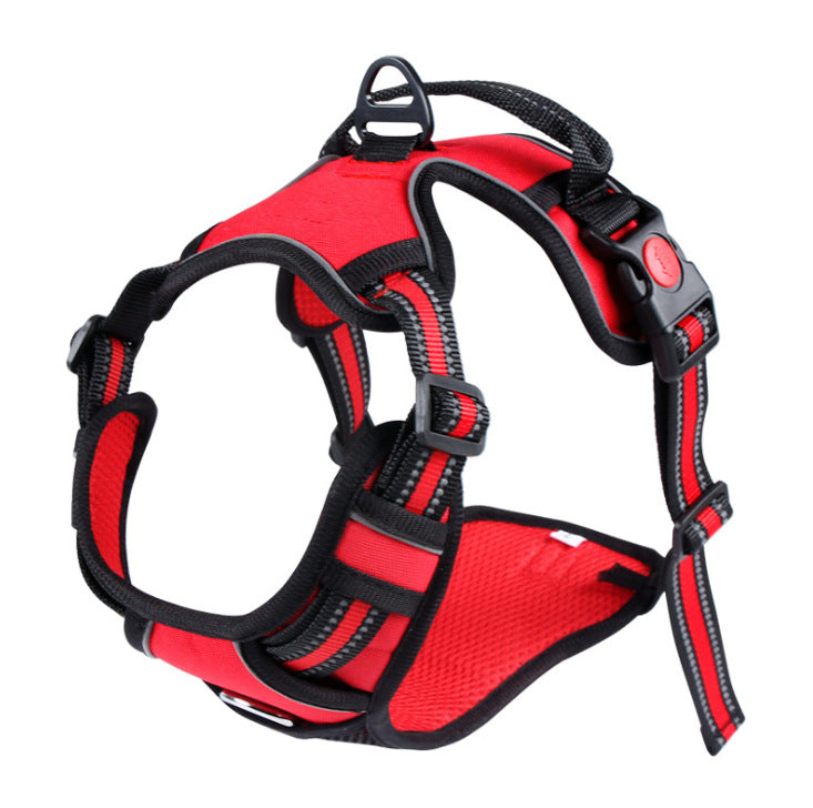 Reflective nylon pet harness and leash set shown from the side, highlighting adjustable straps and secure buckle closure
