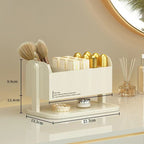 Clear PET rotating makeup organizer showing lipstick slots and brush holders from a side angle