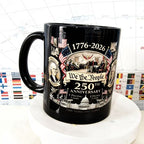 White 250th Anniversary ceramic coffee mug with decorative print, round shape, 301–400ml capacity, shown on a clean backgroun