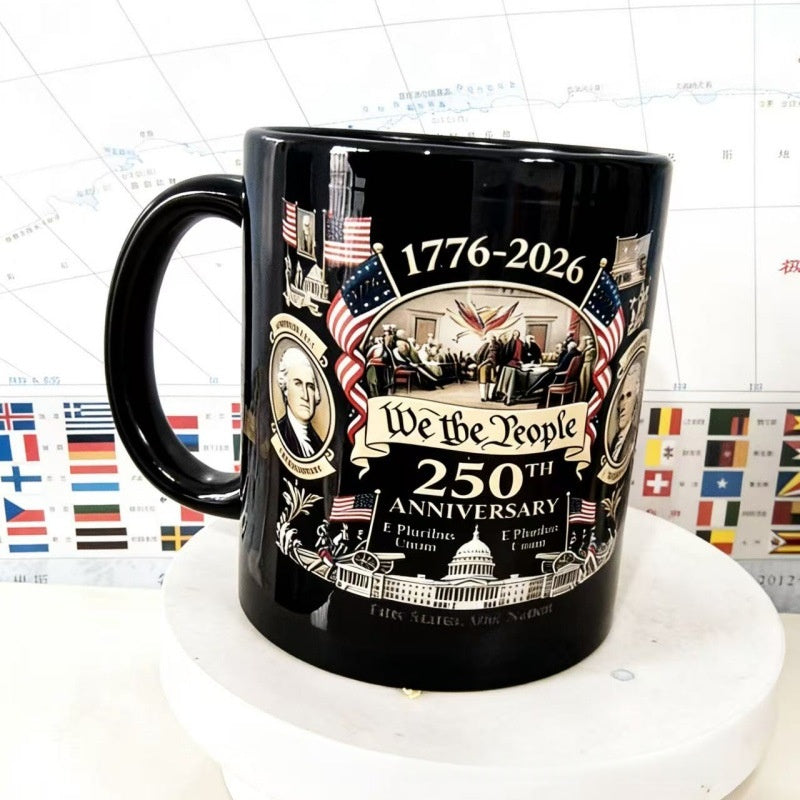 White 250th Anniversary ceramic coffee mug with decorative print, round shape, 301–400ml capacity, shown on a clean backgroun