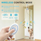 Rechargeable electric cat teaser toy clipped to a door, shown with remote control for hands-free interactive play