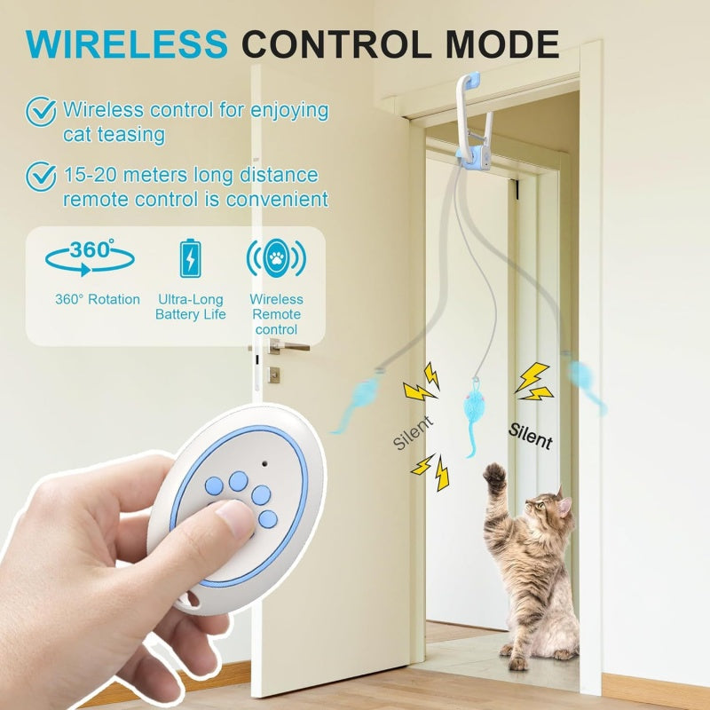 Rechargeable electric cat teaser toy clipped to a door, shown with remote control for hands-free interactive play