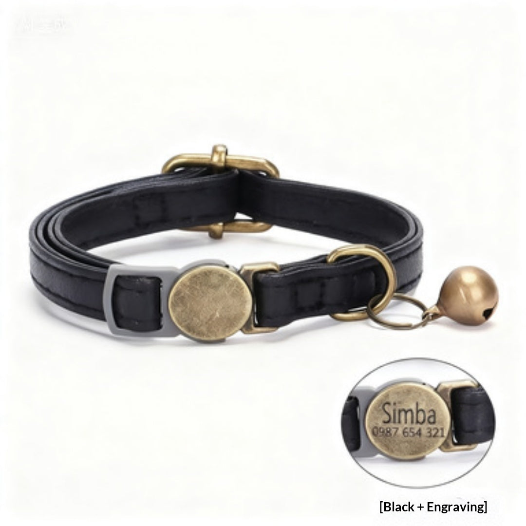Close-up of a retro-style leather cat collar with vintage buckle hardware, shown flat on a neutral background