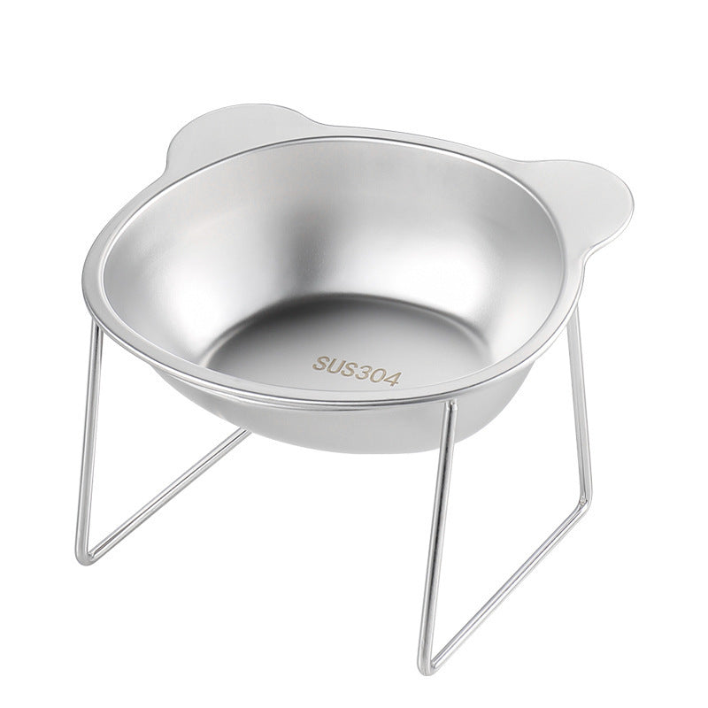 Stainless steel elevated pet bowl on a raised stand, suitable for dogs and cats, shown from a side angle