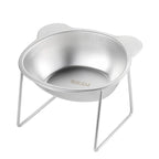 Stainless steel elevated pet bowl on a raised stand, suitable for dogs and cats, shown from a side angle