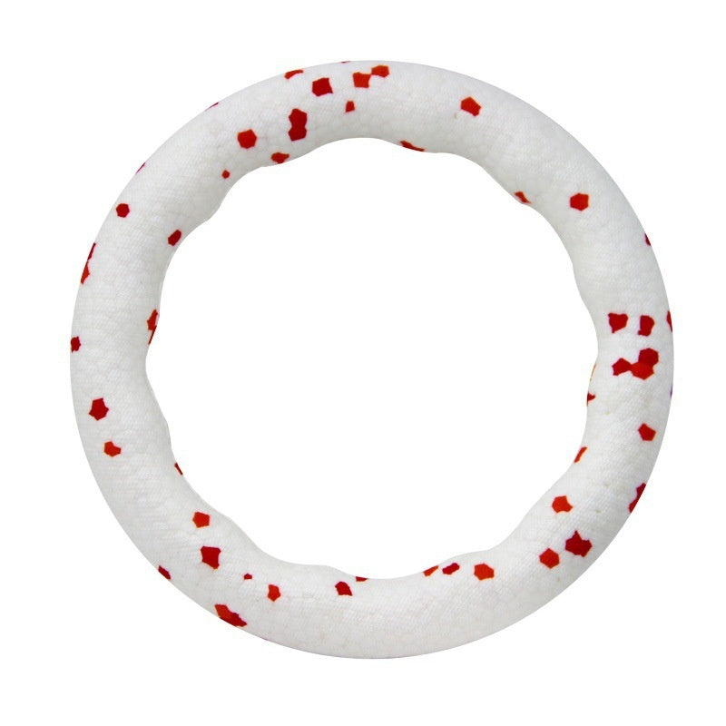 Colorful rubber dog pull ring toy shown from a side angle, ideal for interactive tug-of-war play