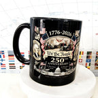 Round ceramic coffee mug featuring 250th anniversary design, 301–400ml capacity, shown from the side