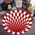 3D vortex swirl illusion area rug displayed flat, showing bold spiral pattern in rich contrasting colors for modern home deco