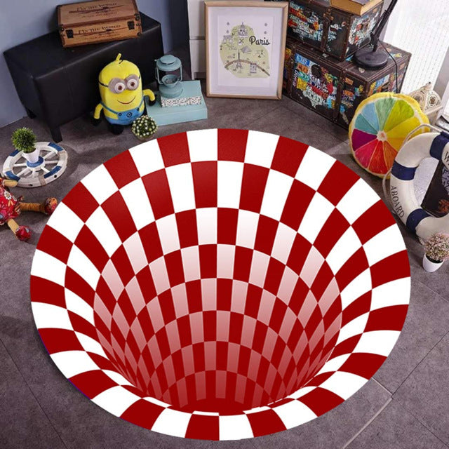 3D vortex swirl illusion area rug displayed flat, showing bold spiral pattern in rich contrasting colors for modern home deco
