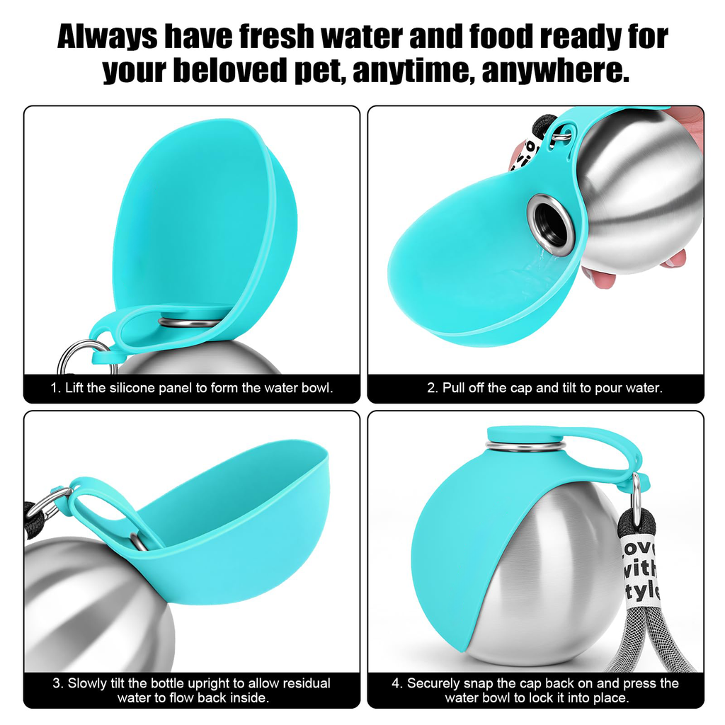 Stainless steel portable dog water bottle with attached bowl, 10oz travel size for pets on the go