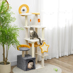 PawHut 63-inch moon and star cat tree showing the cozy hammock perch and sisal scratching post on a neutral background