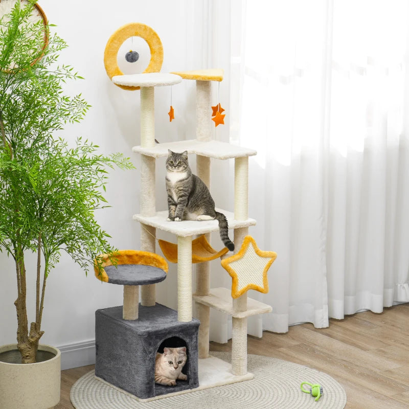 PawHut 63-inch moon and star cat tree showing the cozy hammock perch and sisal scratching post on a neutral background