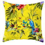 Tropical parrot and plant print throw pillow cover laid flat, showing vibrant botanical pattern on 45x45cm cushion cover