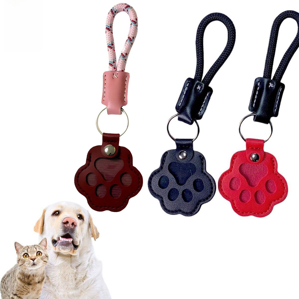 Paw-shaped leather memory keychain holding pet fur, a heartfelt keepsake gift for dog and cat owners