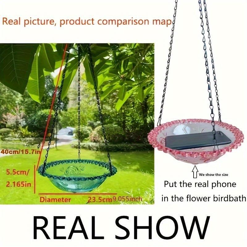 Hanging bird bath and feeder bowl suspended outdoors, showing underside detail and hanging chain for garden or yard use