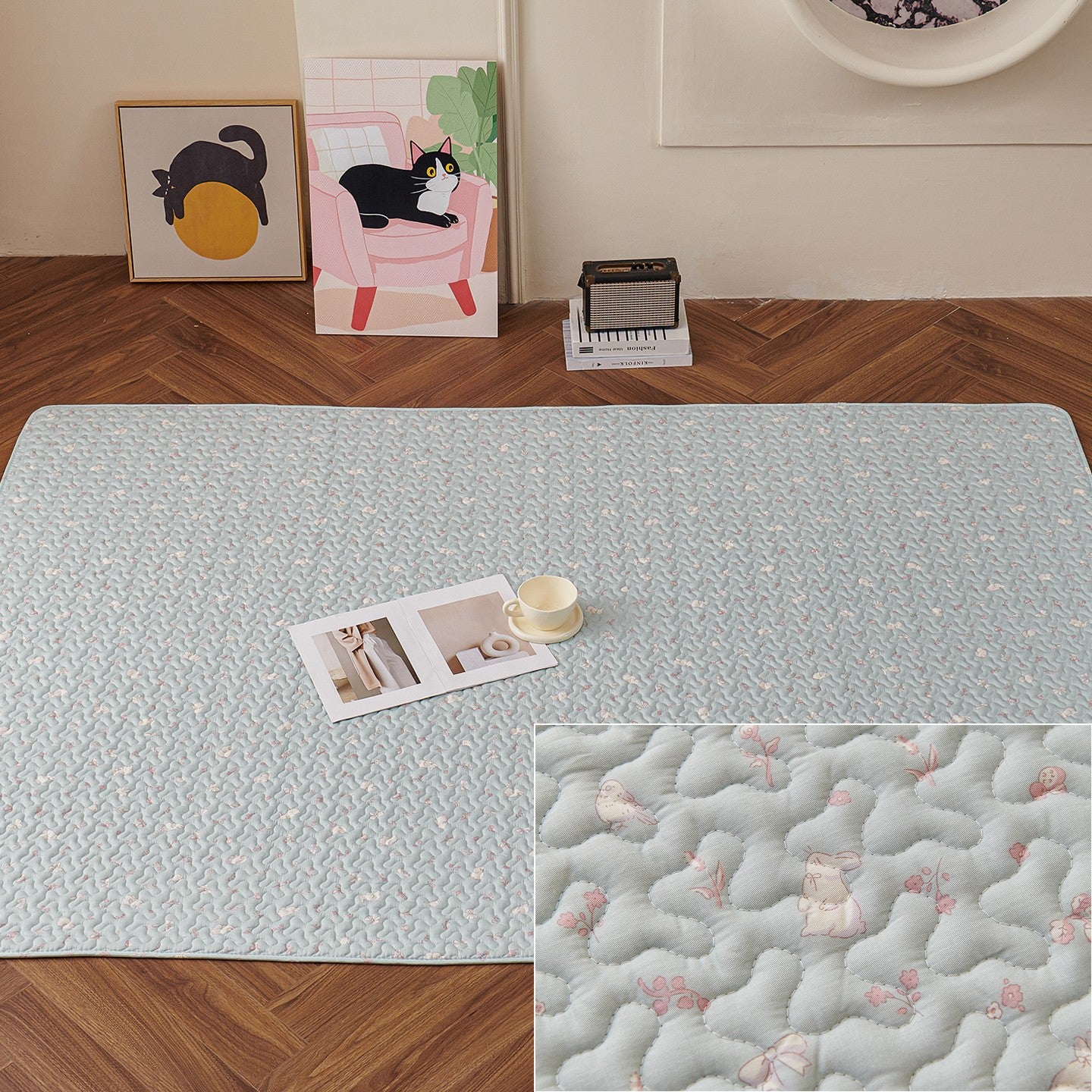 Folded pure cotton non-slip pet mat showing fabric texture, suitable for cats, dogs, and rabbits