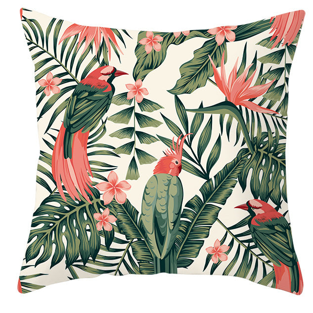 Tropical parrot and plant print throw pillow cover laid flat, showing vibrant botanical pattern on 45x45cm cushion cover