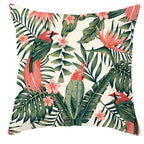 Tropical parrot and plant print throw pillow cover laid flat, showing vibrant botanical pattern on 45x45cm cushion cover