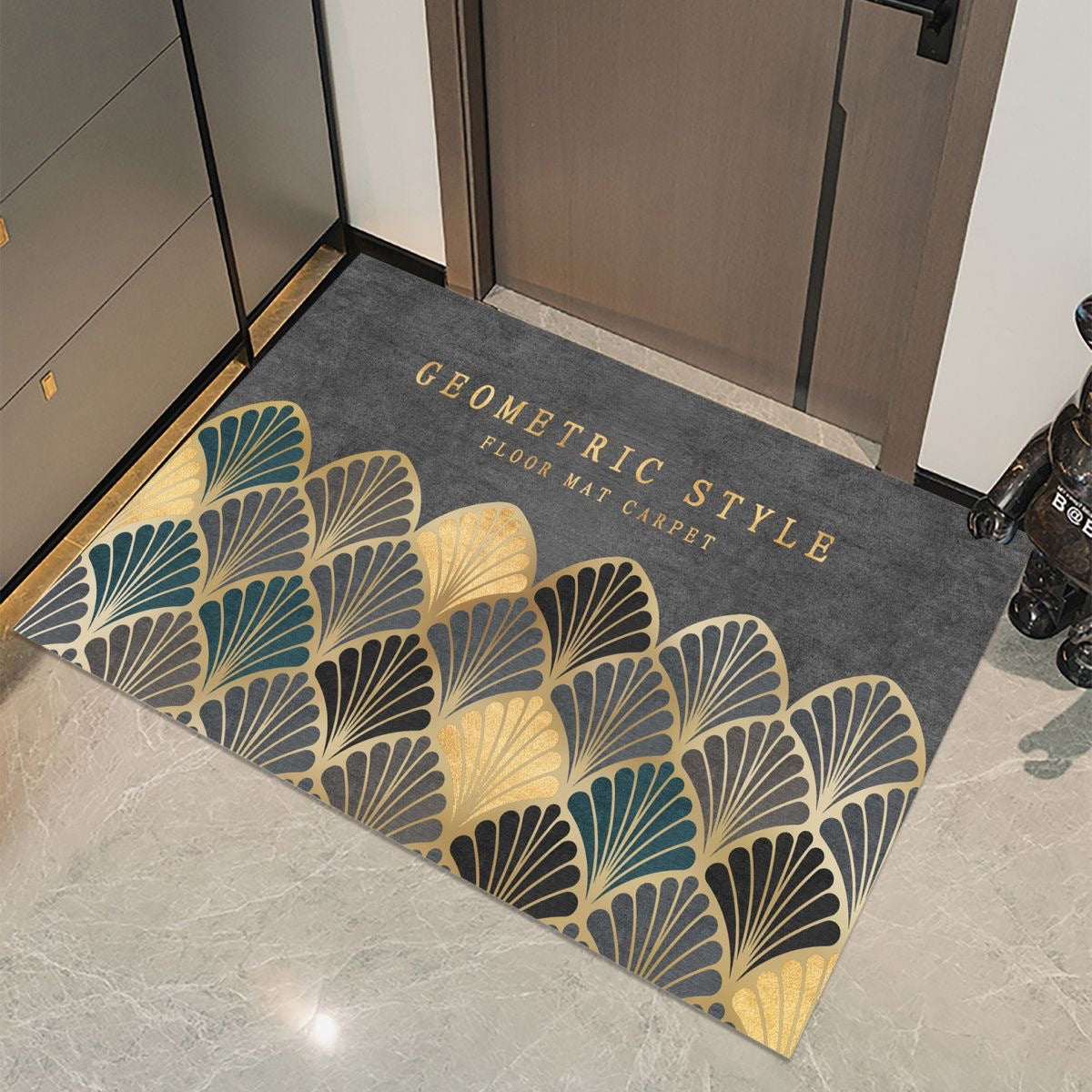 Minimalist crystal velvet entryway doormat with oil-absorbing surface, shown in a neutral home setting