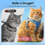Gray tabby cat wearing a bright orange adjustable step-in harness with leash attached, shown outdoors on a wooden surface