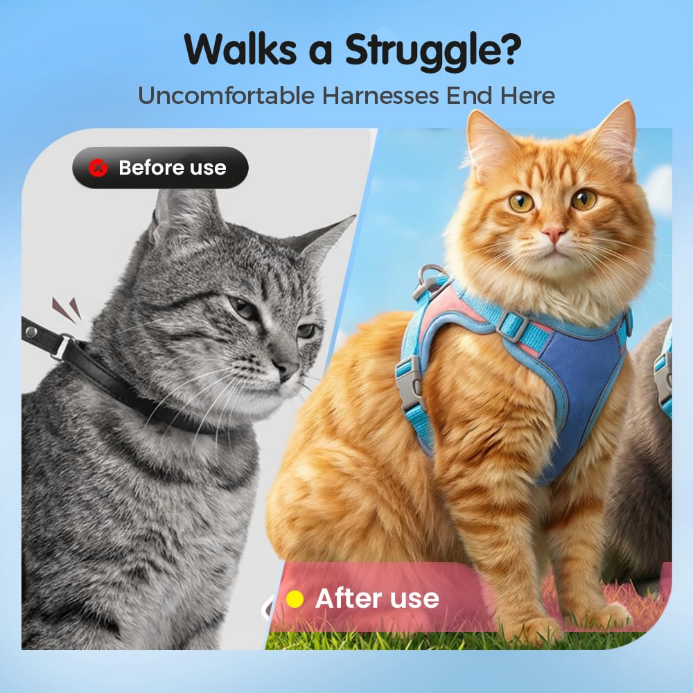Gray tabby cat wearing a bright orange adjustable step-in harness with leash attached, shown outdoors on a wooden surface