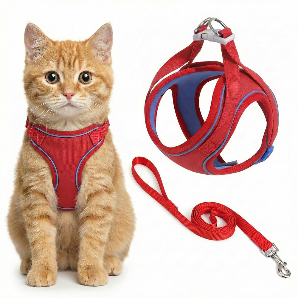 Adjustable step-in cat harness and leash set shown from the side, highlighting secure fit and escape-proof design